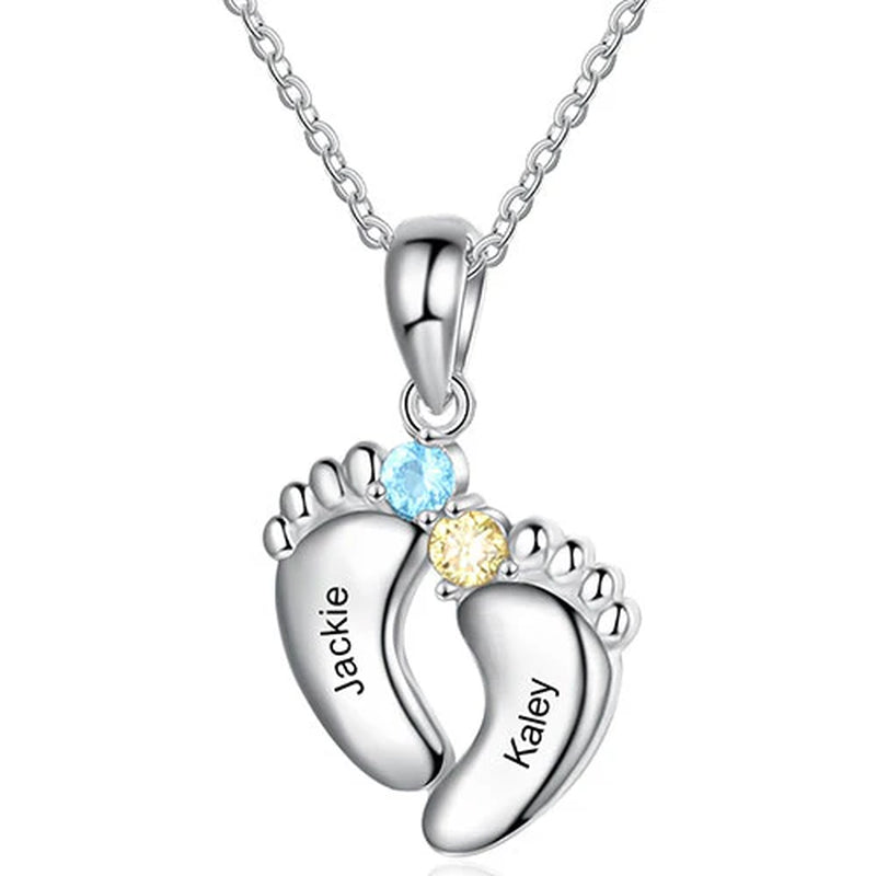 Silver Plated Engraved Birthstone Footprint Necklace