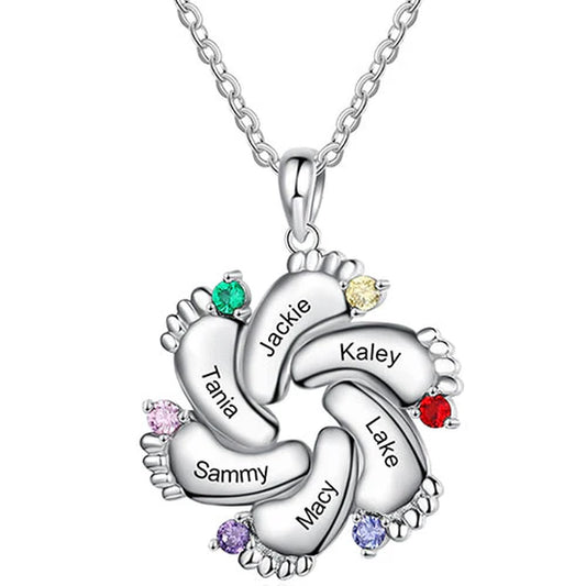 Silver Plated Engraved Birthstone Footprint Necklace