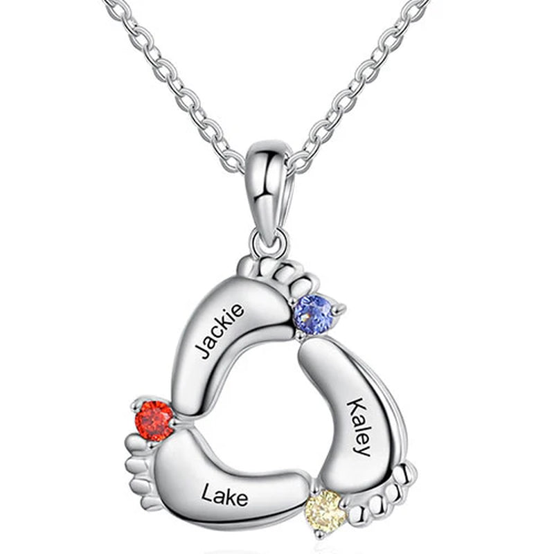 Silver Plated Engraved Birthstone Footprint Necklace
