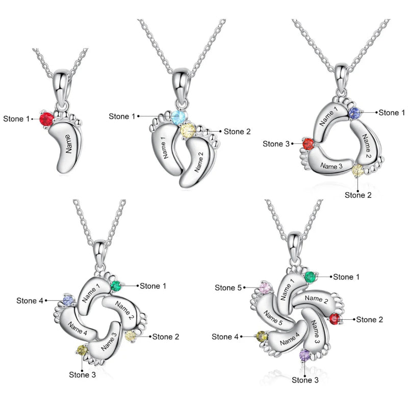 Silver Plated Engraved Birthstone Footprint Necklace