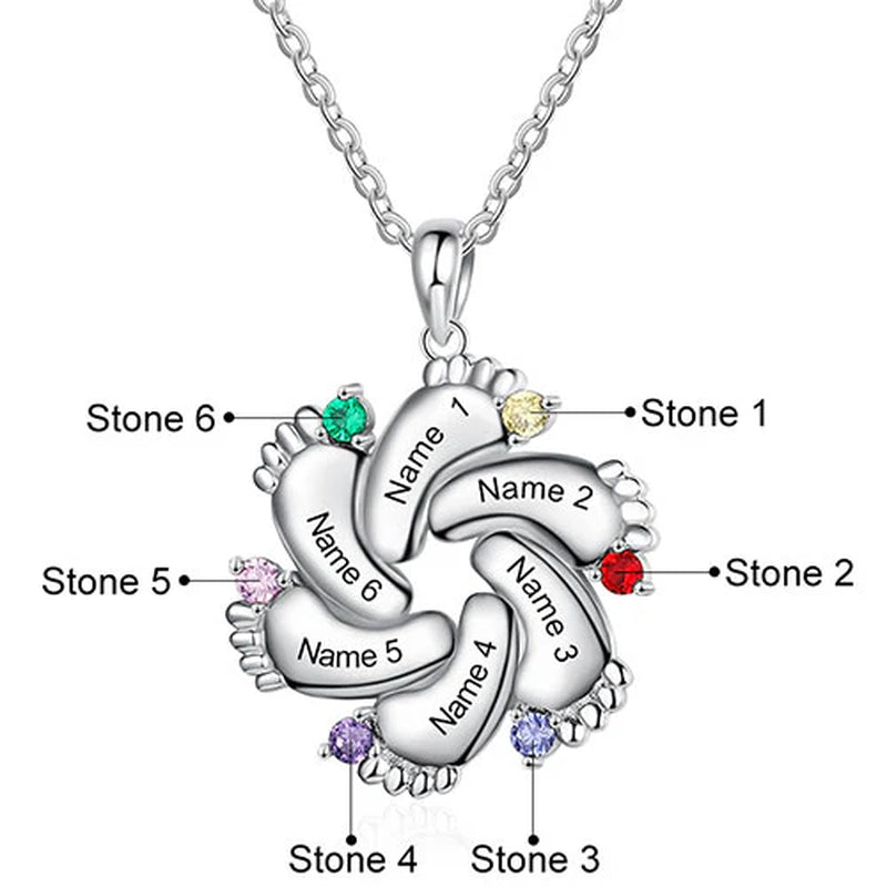 Silver Plated Engraved Birthstone Footprint Necklace
