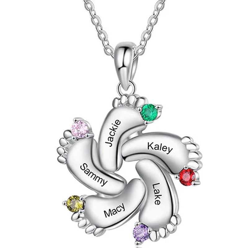 Silver Plated Engraved Birthstone Footprint Necklace