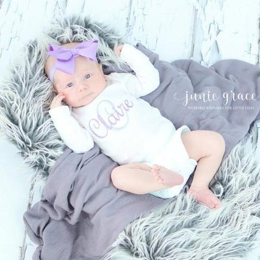 Custom Embroidered Baby Girl Coming Home Bodysuit and Headband Set