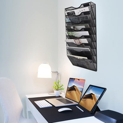 8 Pockets Mesh Wall File Holder Organizer Office Hanging Magazine Rack, Black