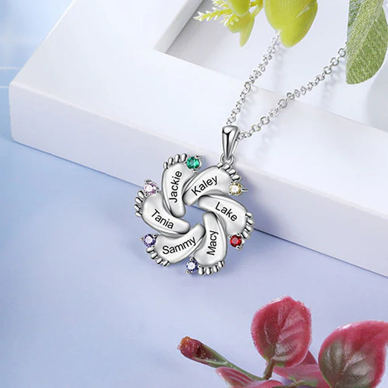 Silver Plated Engraved Birthstone Footprint Necklace