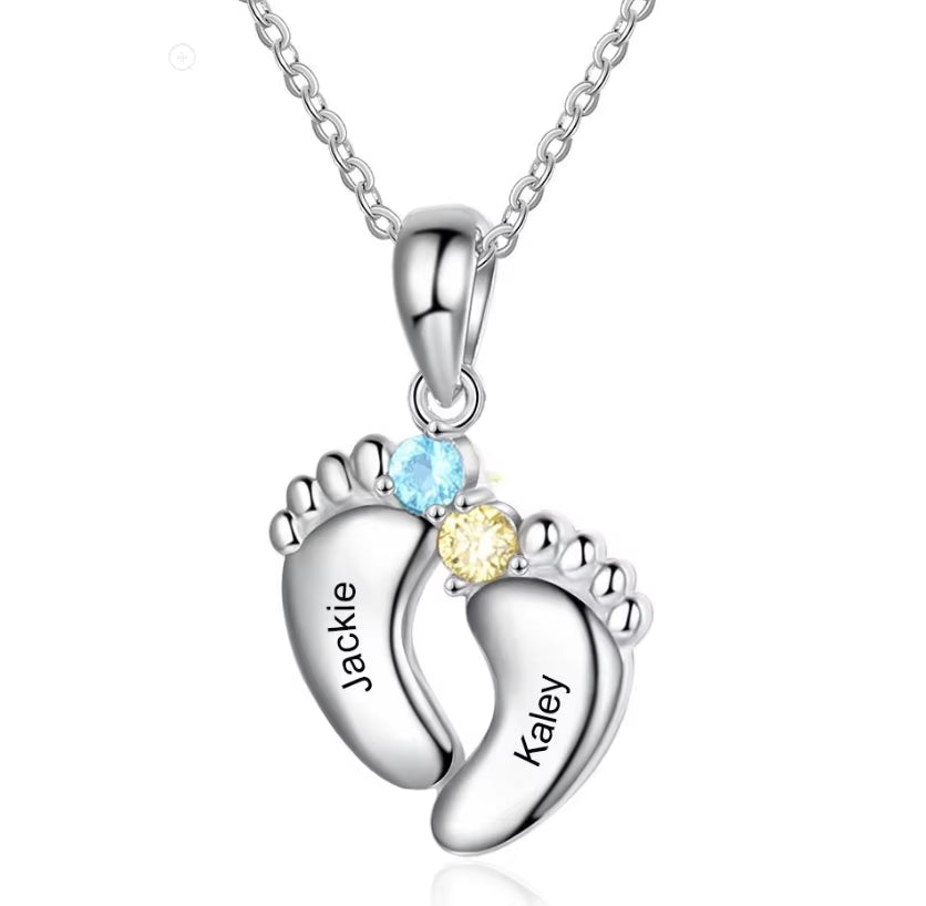 DY Personalized Name Custom Family Jewelry with Simulated Birthstone Baby Feet Pendant Necklace for Mom Gift