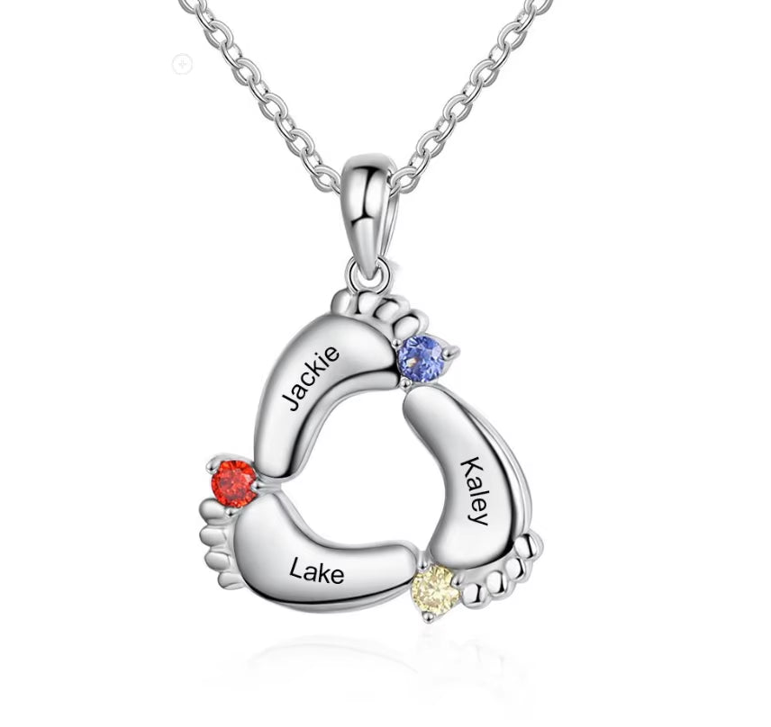 DY Personalized Name Custom Family Jewelry with Simulated Birthstone Baby Feet Pendant Necklace for Mom Gift