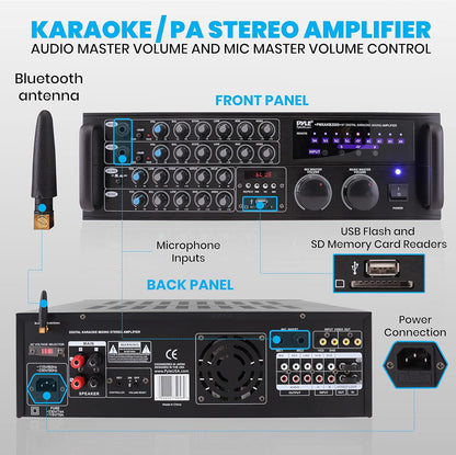 Dual Channel Bluetooth Mixing Amplifier - 2000W Rack Mount Karaoke Sound Mixer Audio Home Stereo Receiver Box System W/ RCA, USB, AUX - for Speaker, PA, Home Theater, Studio/Stage -  PMXAKB2000