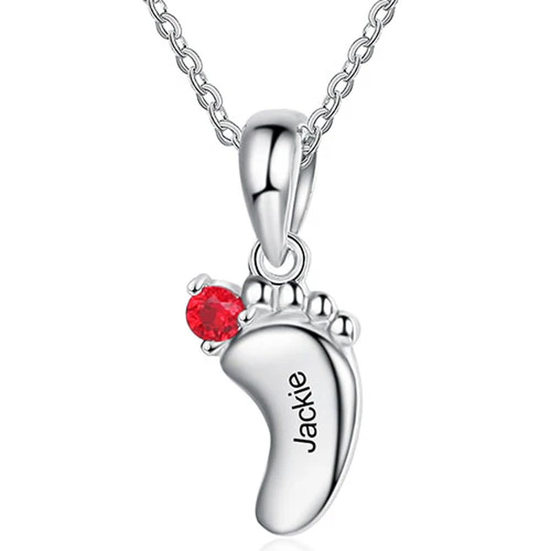 Silver Plated Engraved Birthstone Footprint Necklace