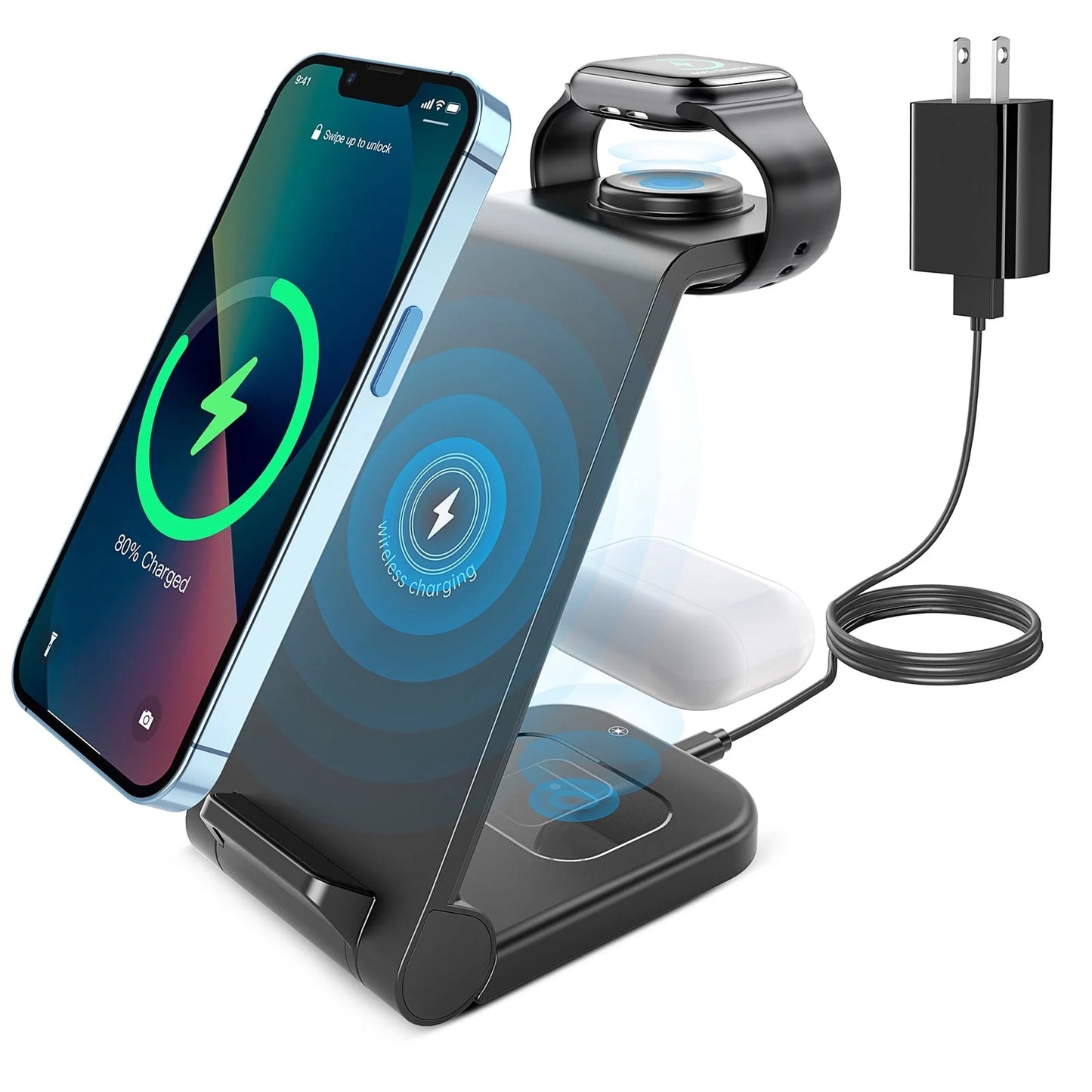 Fast Wireless Charger Station, 23W Wireless Charging Stand for Iphone 16/15/14/13/13 Pro/ 12/12 Pro/11/Xs Max/Xr/X/Galaxy S23 S22 S21 S10, Charging Station for Airpods 4/3/2/Pro, Iwatch Series