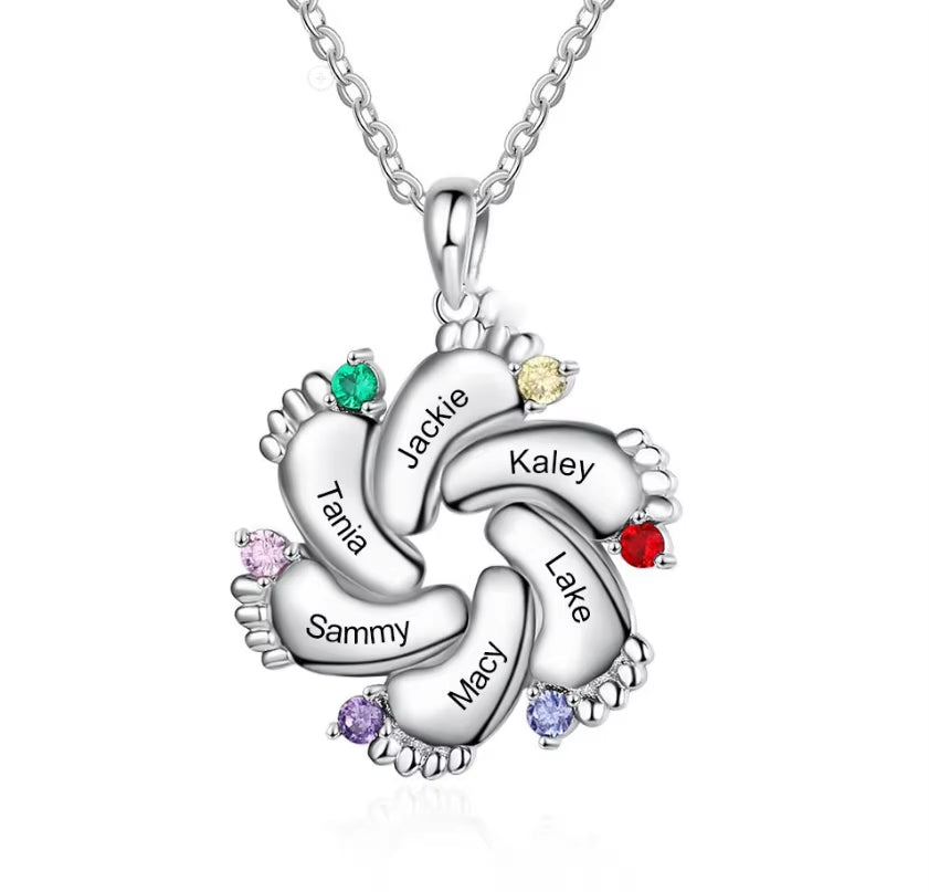 DY Personalized Name Custom Family Jewelry with Simulated Birthstone Baby Feet Pendant Necklace for Mom Gift