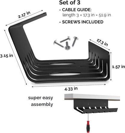 Cable Management under Desk for Easy Mounting Under-Table I Set of 3 - with 10X Cable Ties I Desk Organizer for Office/Home Office Table Thoughtful Cable Tray Holder, Black