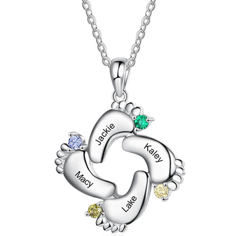 Silver Plated Engraved Birthstone Footprint Necklace