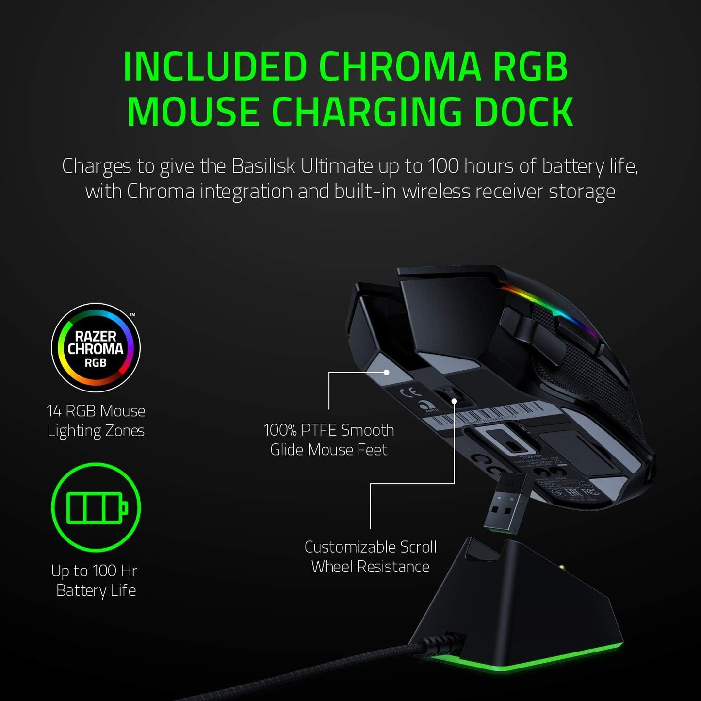 Basilisk Ultimate Hyperspeed Wireless Gaming Mouse W/ Charging Dock: Fastest Gaming Mouse Switch - 20K DPI Optical Sensor - Chroma RGB - 11 Programmable Buttons - 100 Hr Battery - Classic Black