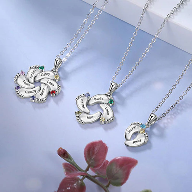 Silver Plated Engraved Birthstone Footprint Necklace