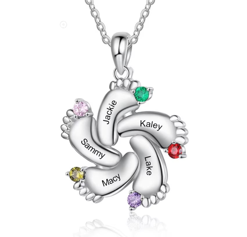 DY Personalized Name Custom Family Jewelry with Simulated Birthstone Baby Feet Pendant Necklace for Mom Gift