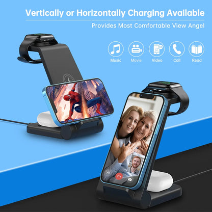 Fast Wireless Charger Station, 23W Wireless Charging Stand for Iphone 16/15/14/13/13 Pro/ 12/12 Pro/11/Xs Max/Xr/X/Galaxy S23 S22 S21 S10, Charging Station for Airpods 4/3/2/Pro, Iwatch Series