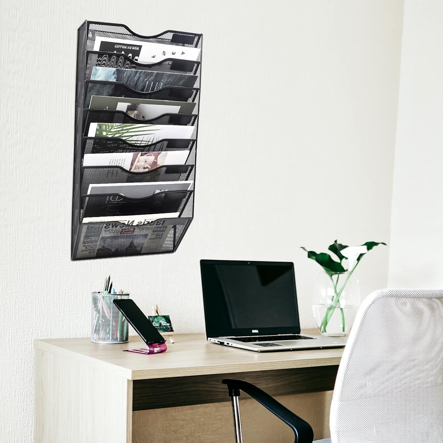 8 Pockets Mesh Wall File Holder Organizer Office Hanging Magazine Rack, Black